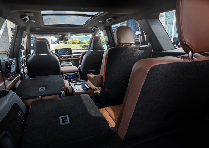 The interior of the 2025 Lincoln Aviator® SUV is shown with two seats folded down for added space. | Greenwood Lincoln in Bowling Green KY