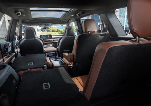 The interior of the 2025 Lincoln Aviator® SUV is shown with two seats folded down for added space. | Greenwood Lincoln in Bowling Green KY